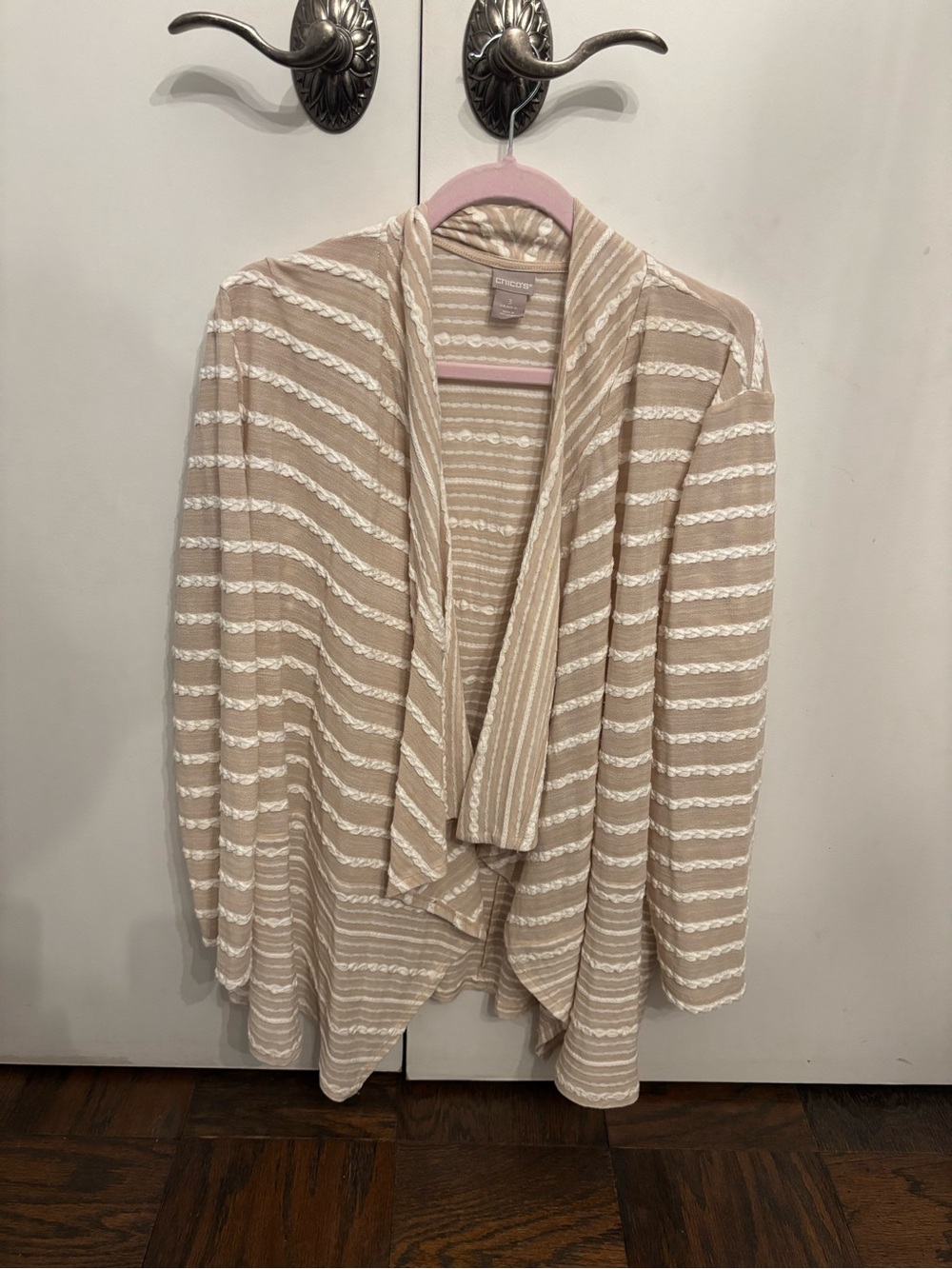 Chico's Beige & White Striped Open-Front Cardigan